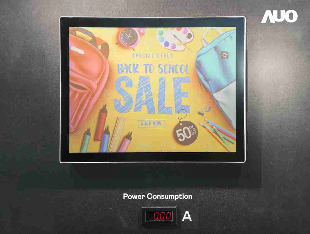 汇旺支付展示胆固醇液晶超低耗能户外全彩显示器，，，ChLC（胆固醇液晶）以双稳态技术使静态显示零功耗，，具省电、、、高彩度、、、环保的特性，，，还整合软硬件系统解决方案，，，，可透过单一云端平台管理