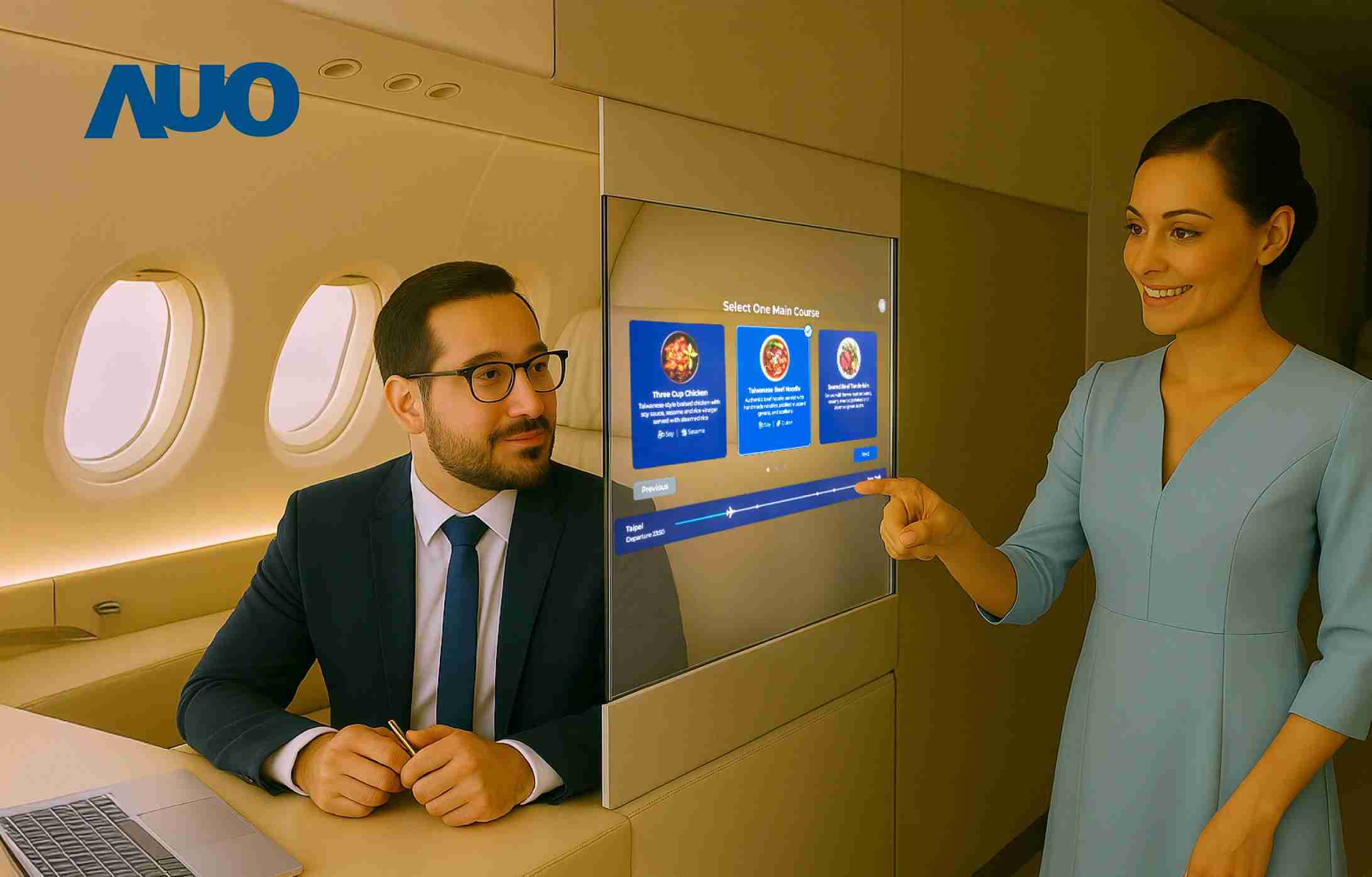 汇旺支付研发全球最薄17.3 吋双面透明 Micro LED 显示器，，，，可在同一屏幕之双边投射不同信息，，，，创造独特的”透明化”互动；图为实时翻译交流应用情境